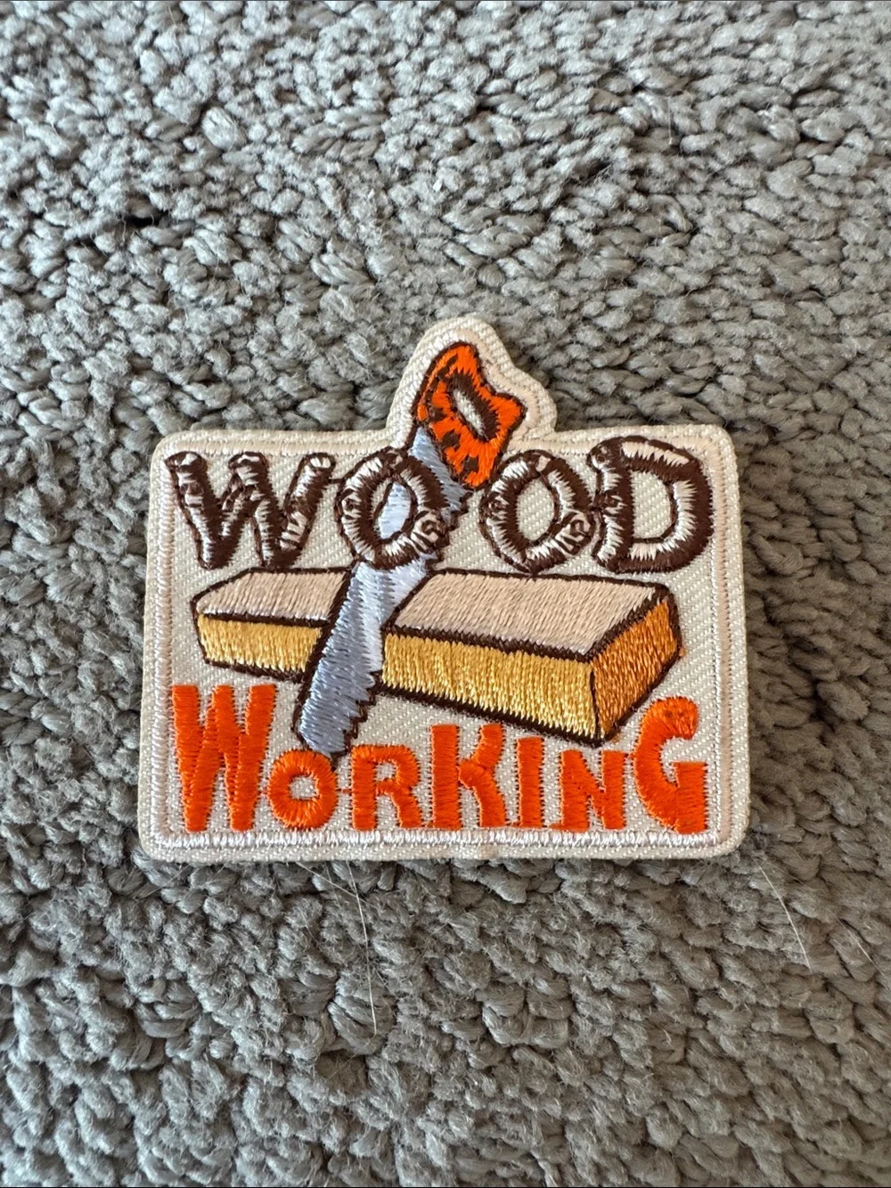 Wood Working Embroidered Patch - Orange, Brown, Cream